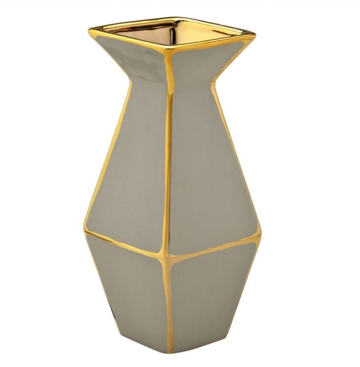 Vaso Decorativo Cinza e Dourado 26,5cm x 14cm x 10,5cm - Ela Decora