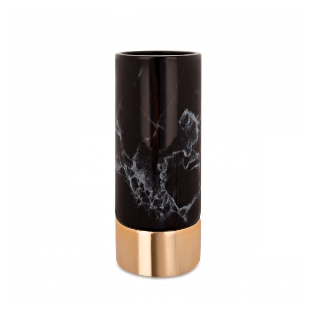 Vaso Decorativo Mármore Preto e Dourado em Cerâmica - 25 cm - Ela Decora