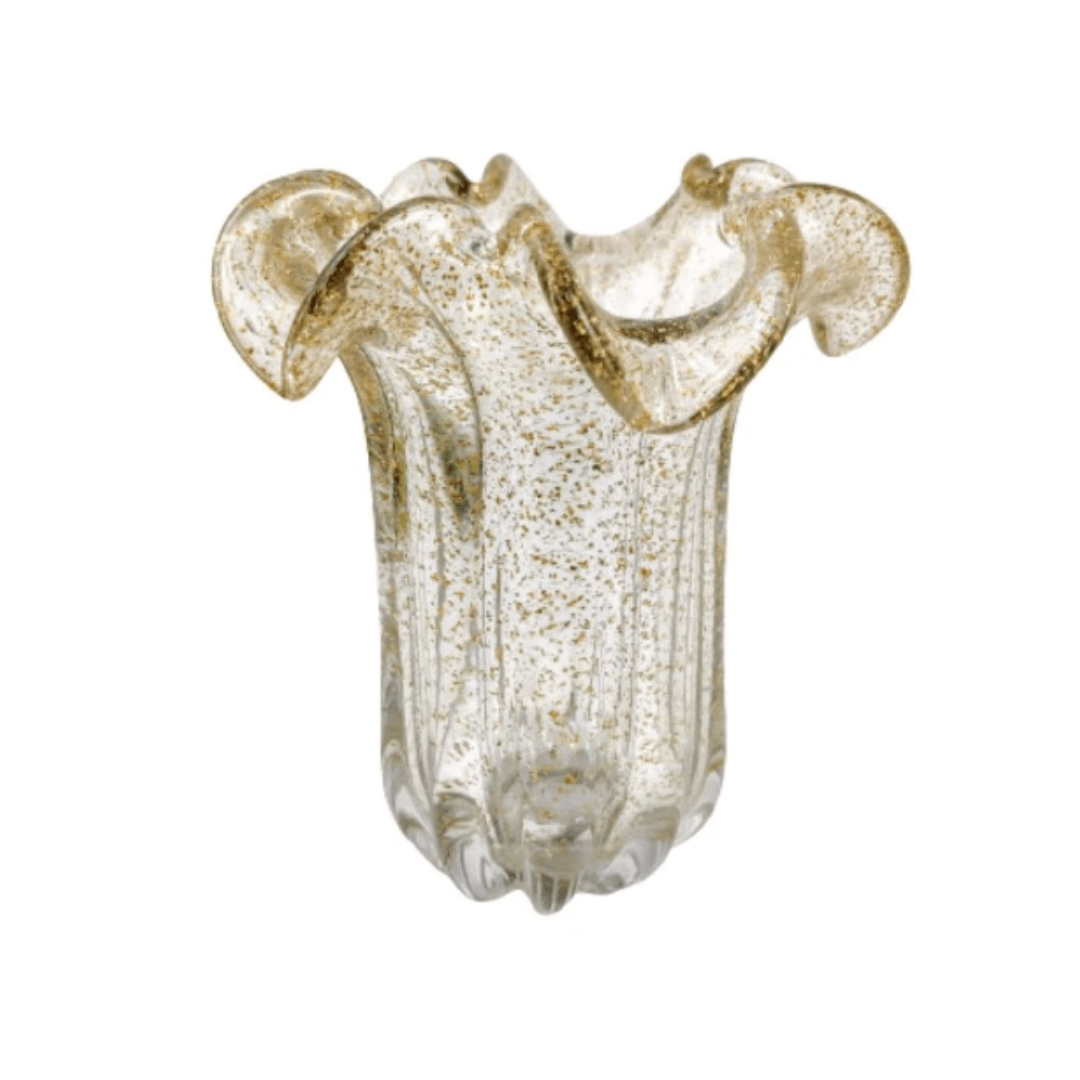 Vaso Murano Alto de Vidro Transparente e Dourado 24cm - Ela Decora