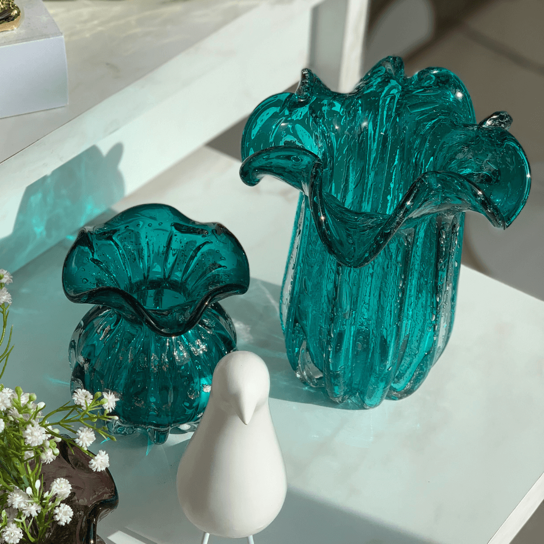 Vaso Murano Trouxinha de Vidro Italy Azul e Rosé 17cm - Ela Decora