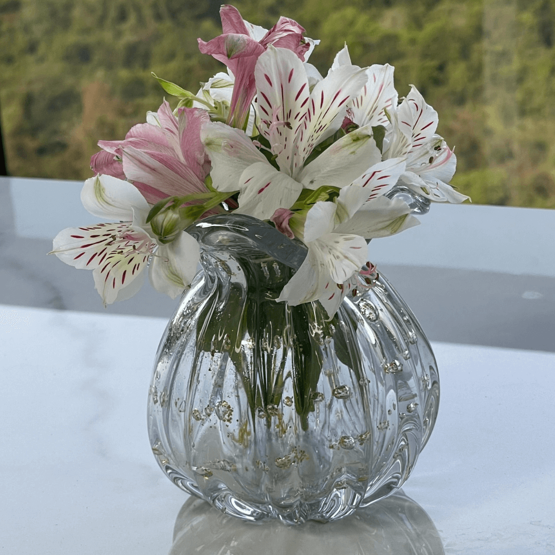 Vaso Murano Trouxinha de Vidro Italy Transparente e Dourado 11cm - Ela Decora