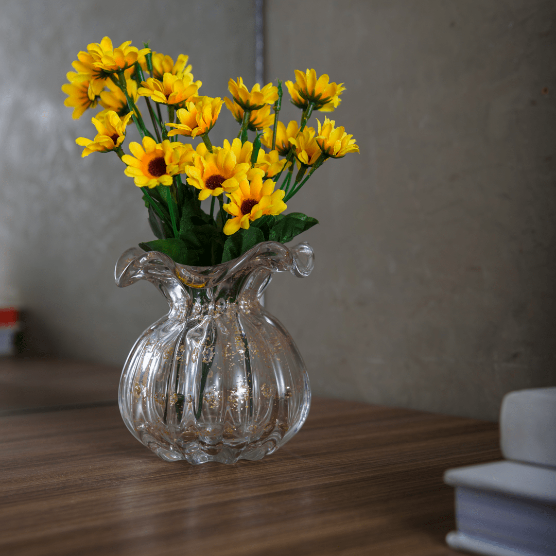 Vaso Murano Trouxinha de Vidro Italy Transparente e Dourado 13cm - Ela Decora