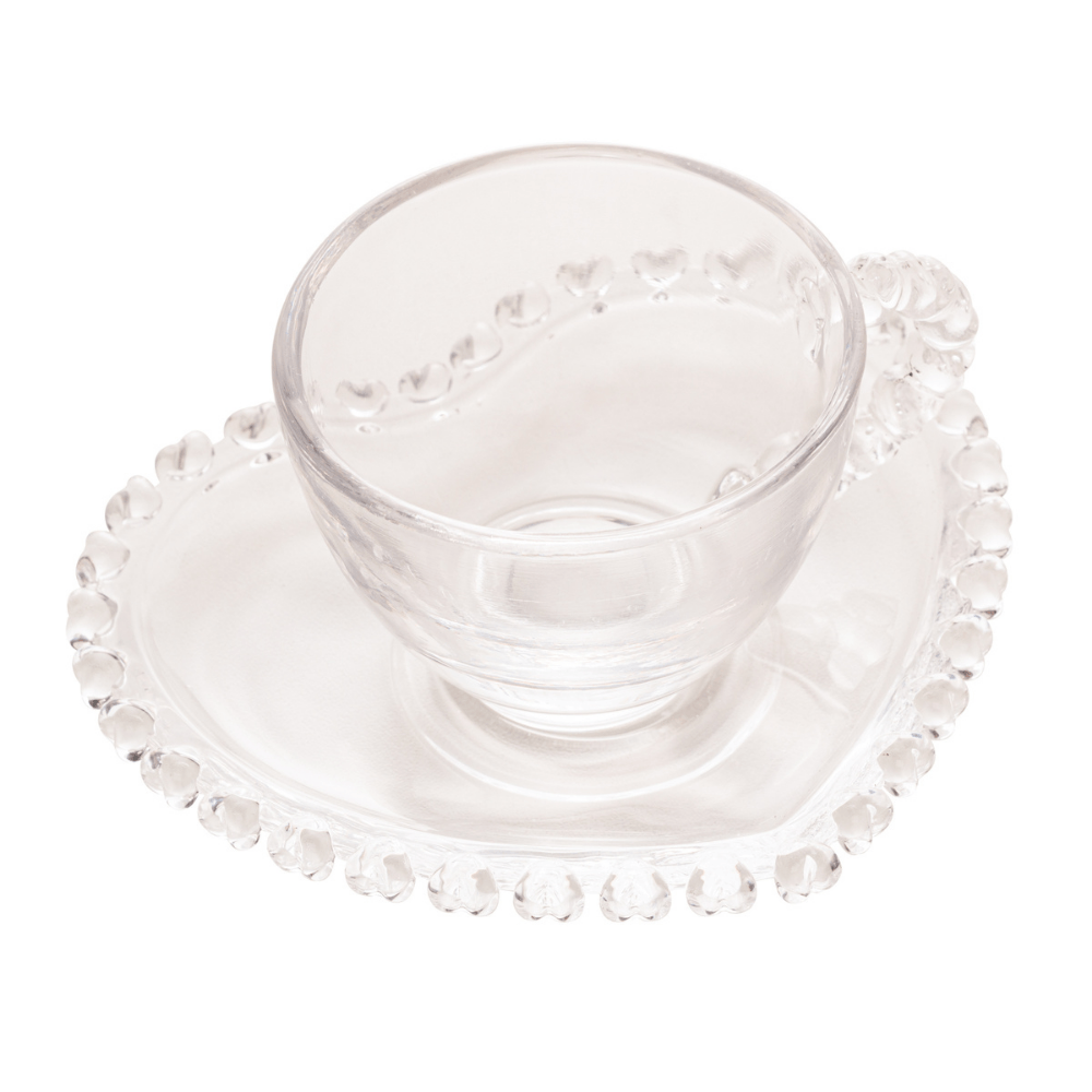 Xícara de Café com Pires de Cristal de Chumbo Borda Coração 80ml - Ela Decora