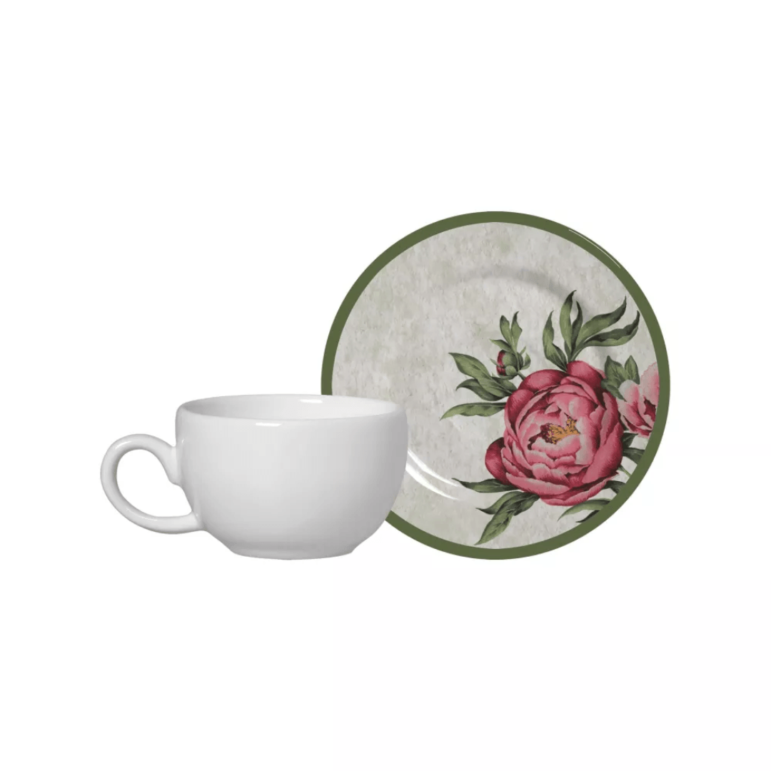 Xícara de Café com Pires Peônia Branca 80ml - Ela Decora
