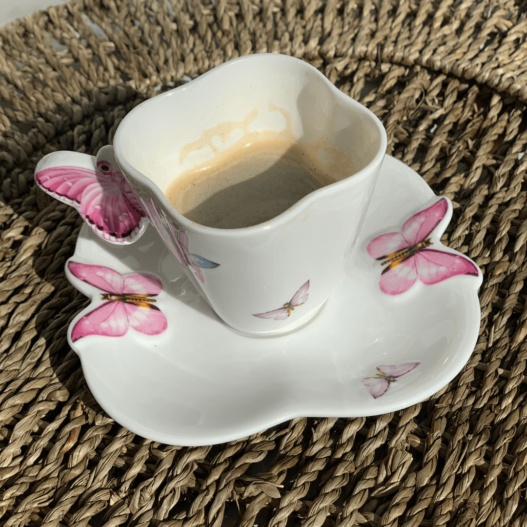 Xícara de Café Porcelana com Pires Borboletas 100ml - Ela Decora