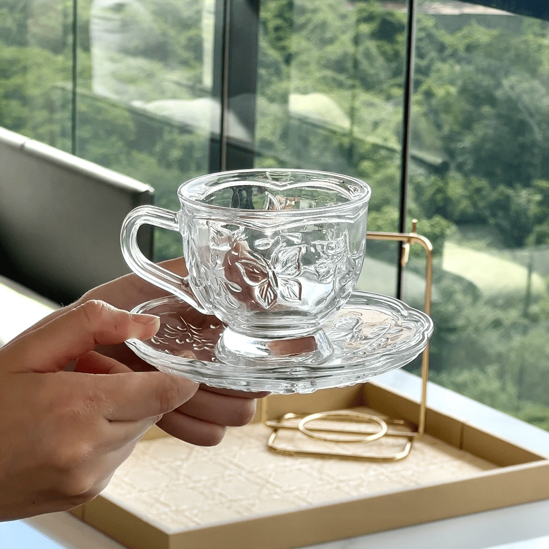 Xicara de Chá com Pires de Cristal New Butterfly 180ml - Ela Decora