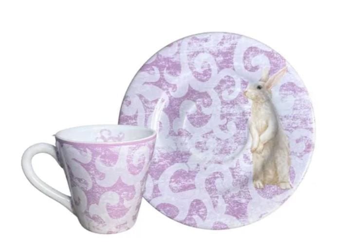 Xicara para Chá com Pires Sweet Easter Pascoa Branco e Roxo 20ml - Ela Decora
