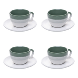 jogo 4 xícaras de café com pires cerâmica verde e branco fundo branco