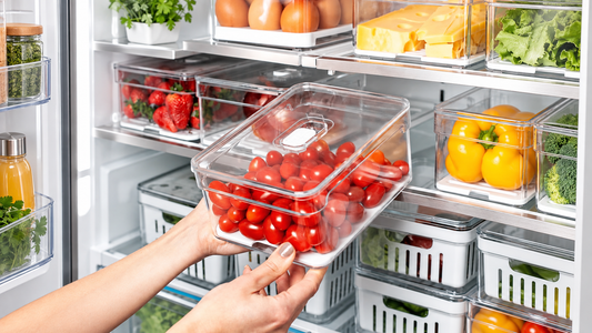 Organizador de geladeira transparente Clear Fresh com tomates na prateleira