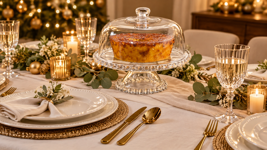 Mesa posta de Natal com faqueiro dourado e boleira de cristal