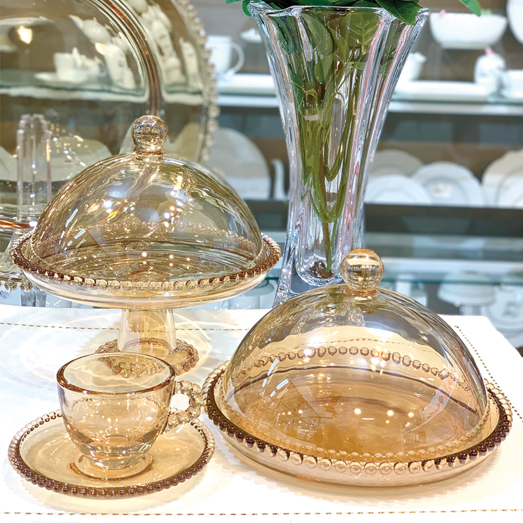 Queijeira Cristal Pearl Bolinha Âmbar - 20 cm