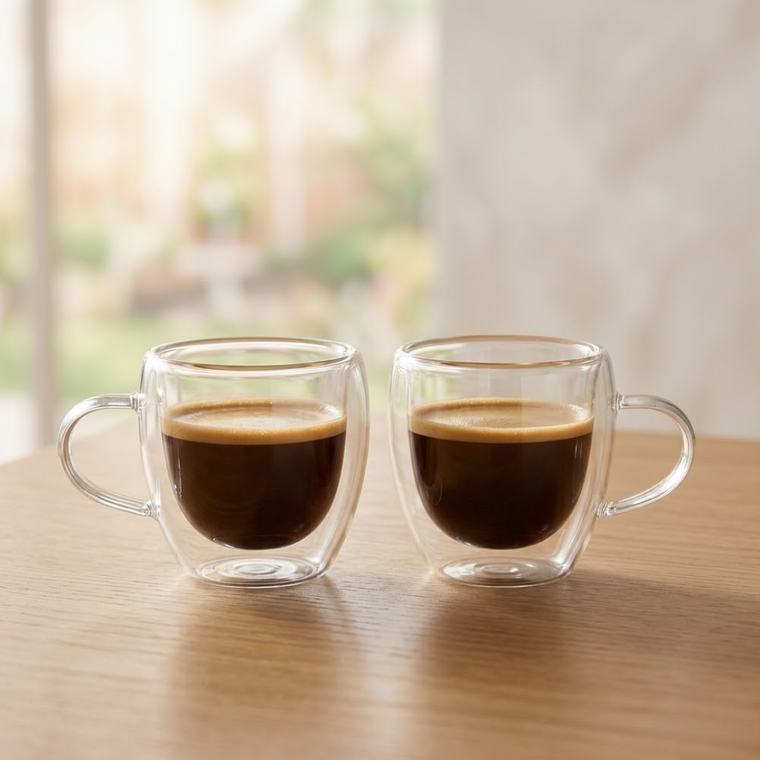Duas canecas de vidro borossilicato com café quente sobre mesa de madeira