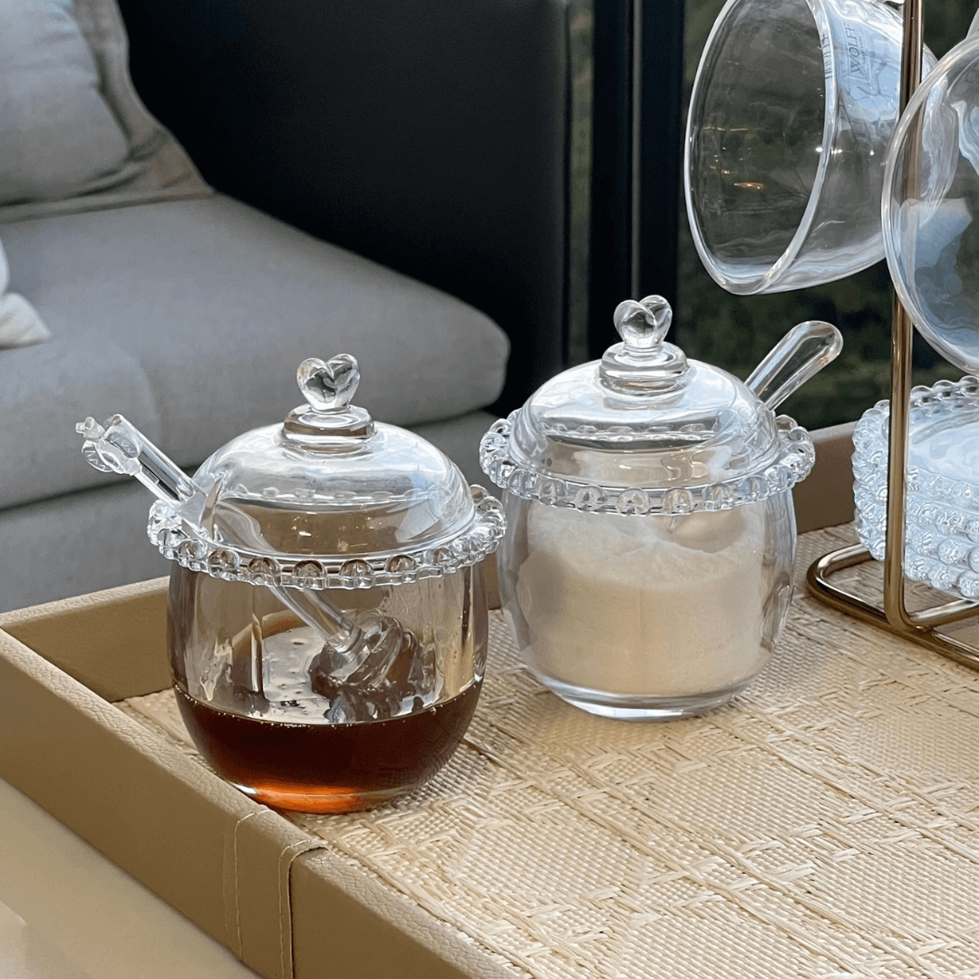 Açucareiro de Cristal Chumbo com Colher e Detalhes em Formato de Coração