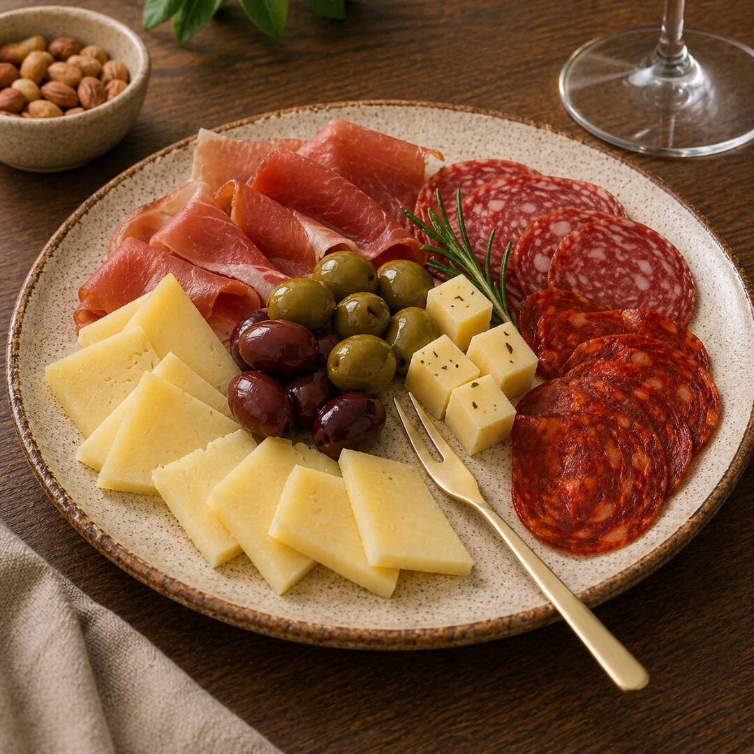 Mesa posta com garfo de aperitivo em tábua de queijos e embutidos