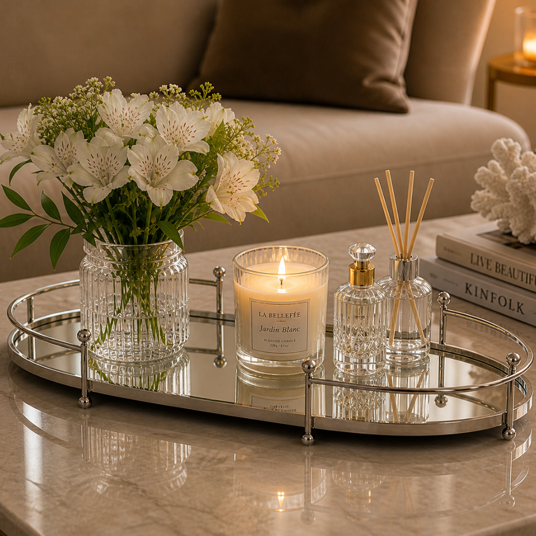 Bandeja oval espelhada com alças em metal decorando mesa lateral com flores e velas