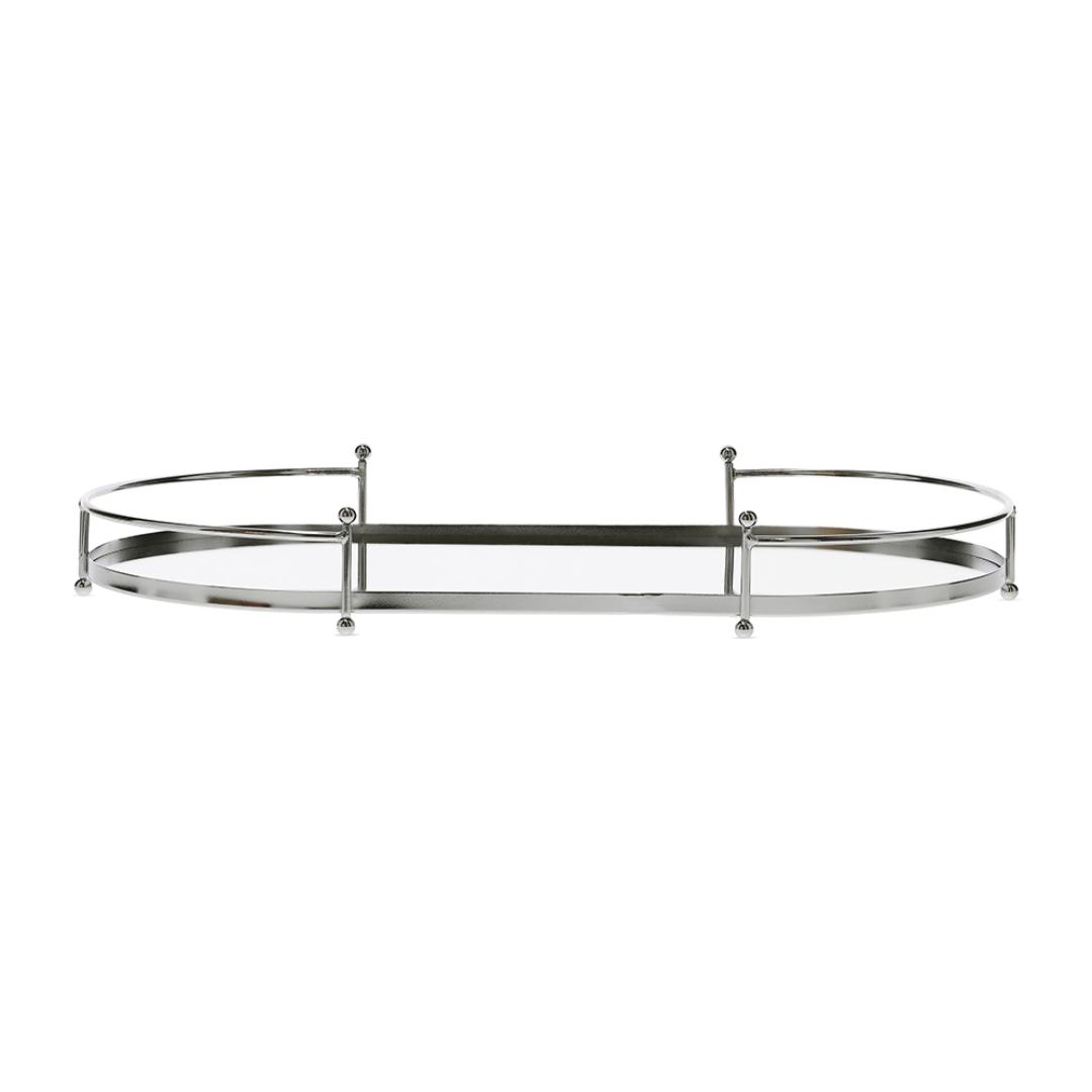 Bandeja oval metal espelhada com estrutura cromada e detalhes prateados