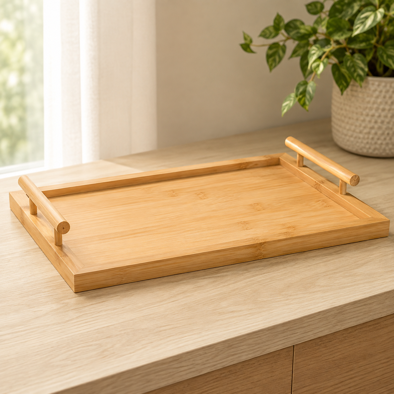 Bandeja de Bambu com Alça 40cm na bancada