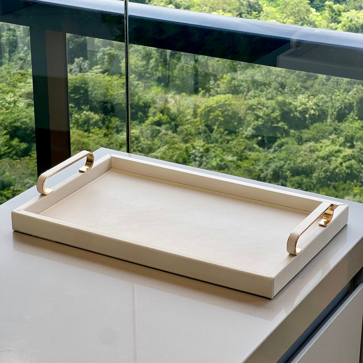 Bandeja em MDF e PU Bege com Alças 40cm P
