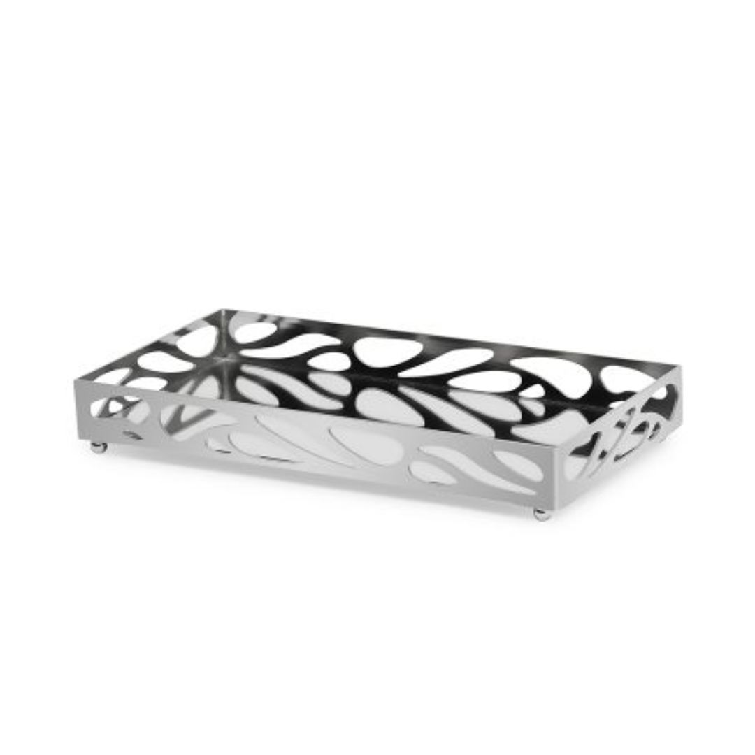 Bandeja 24cm metal cromada vista lateral mostrando design leaf vazado