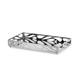 Bandeja 24cm metal cromada vista lateral mostrando design leaf vazado