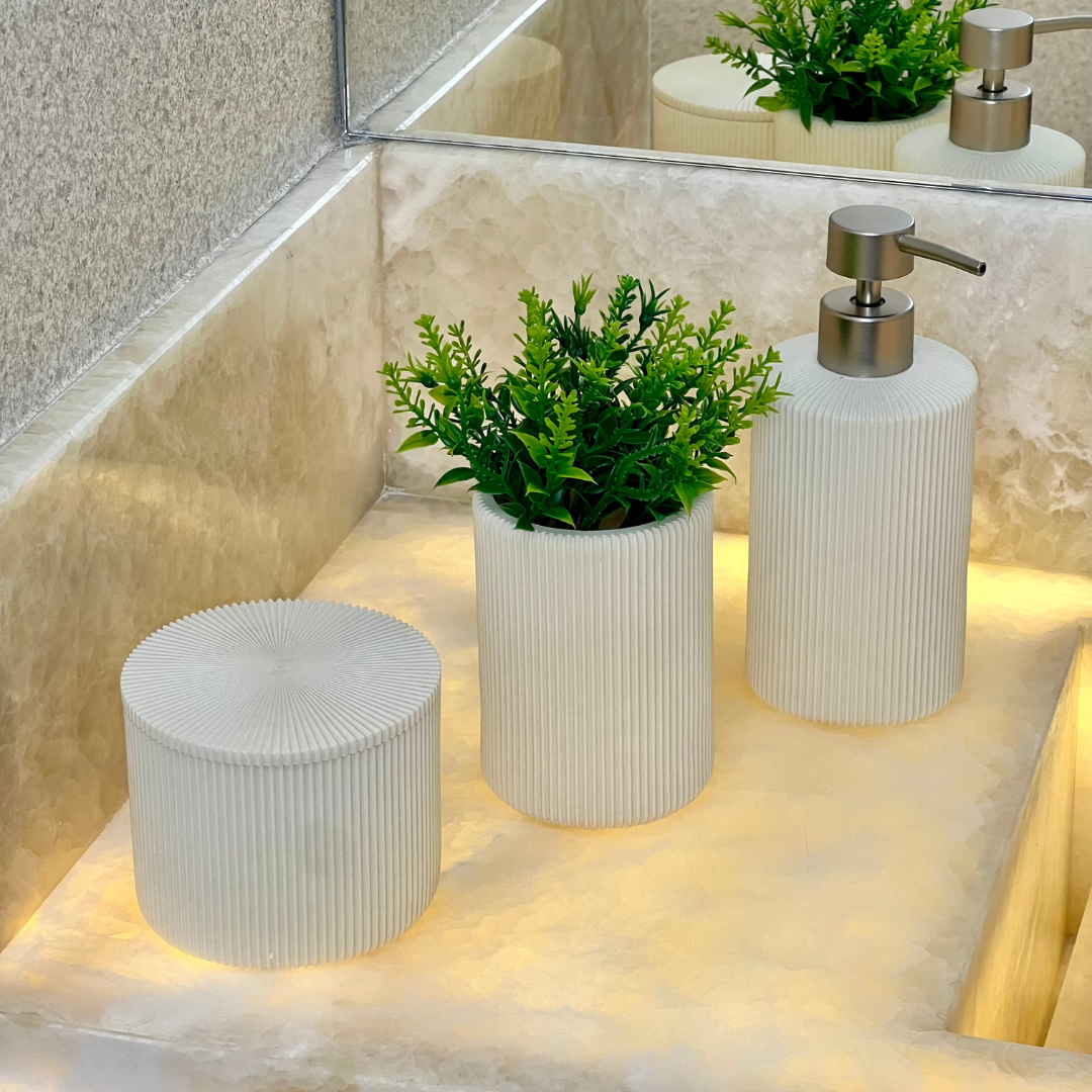 Kit para Banheiro Canelado em Polirresina Branco 3 Peças