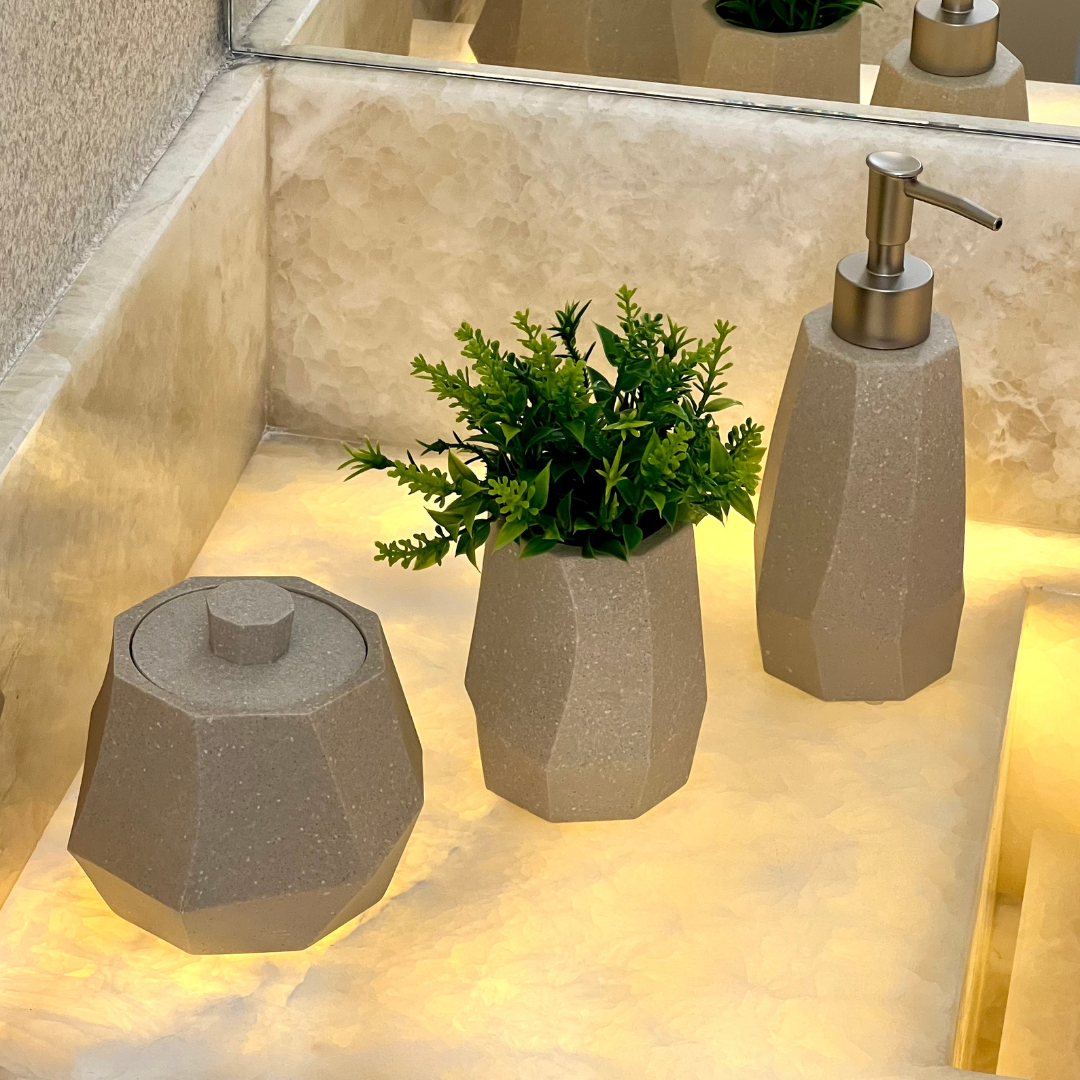 Kit para Banheiro Geométrico em Polirresina Cinza 3 Peças