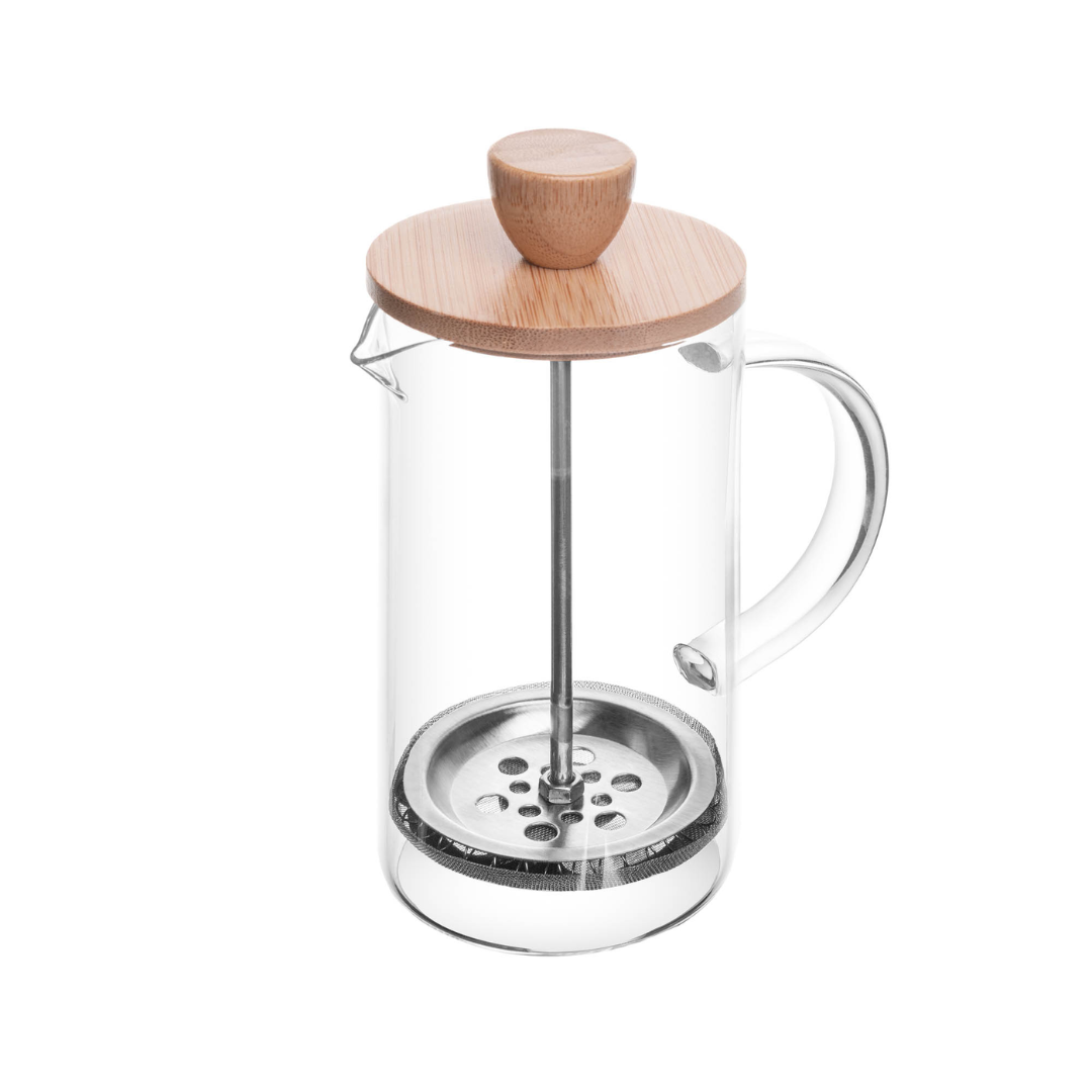 Cafeteira de vidro com tampa de bambu e êmbolo visível