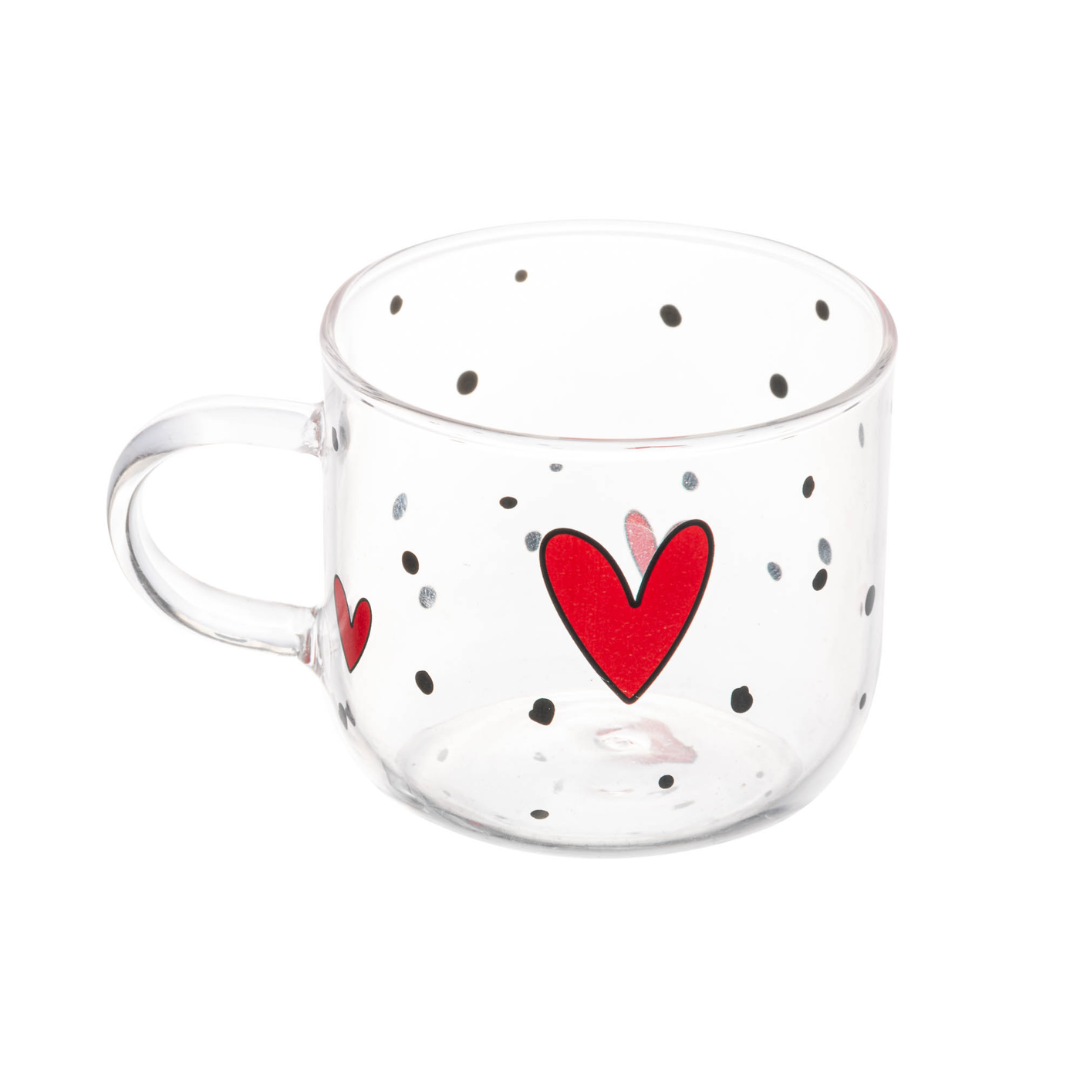 Caneca 120ml com alça, estampa de coração em vermelho e detalhes decorativos