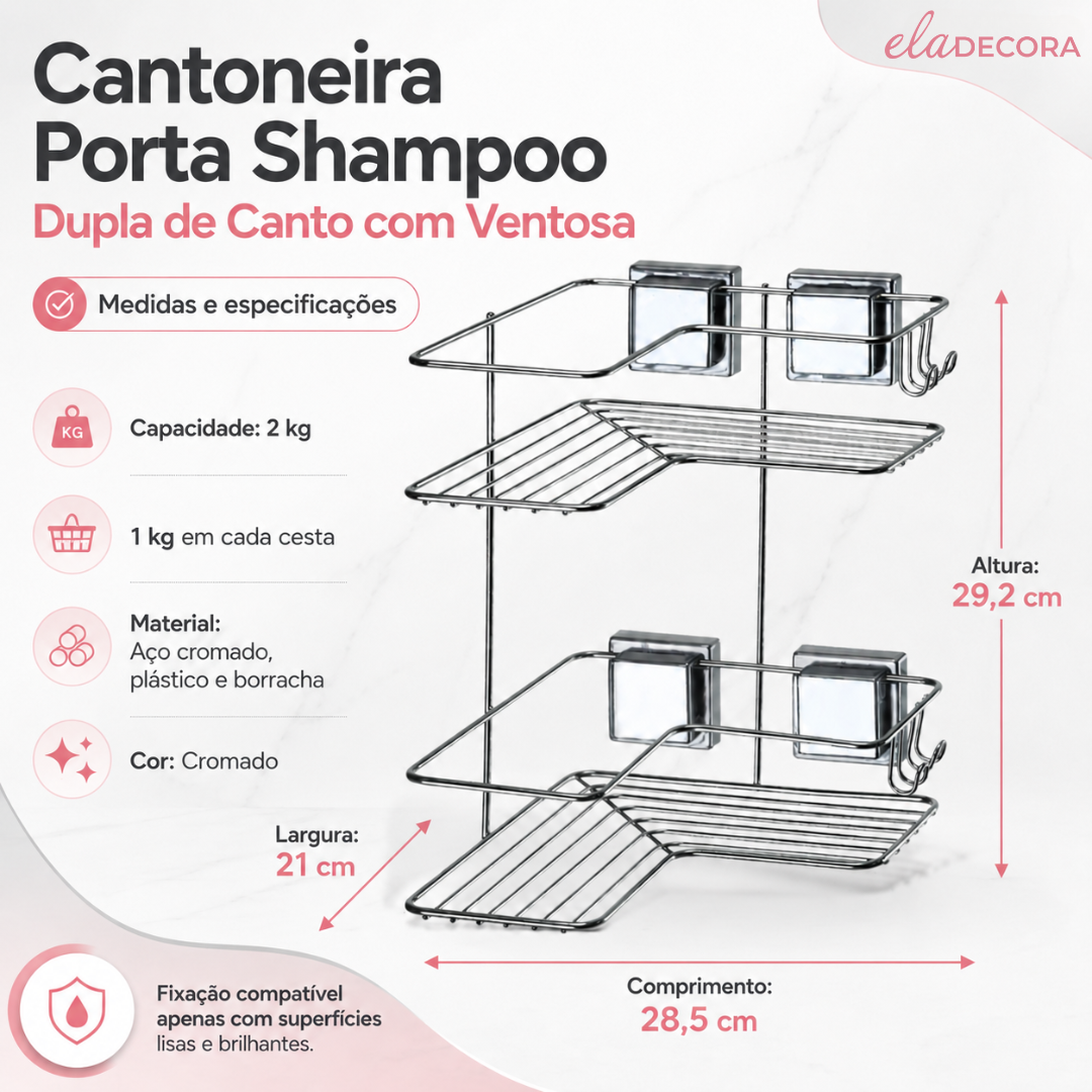 Cantoneira Porta Shampoo Dupla de Canto com Ventosa Cromado