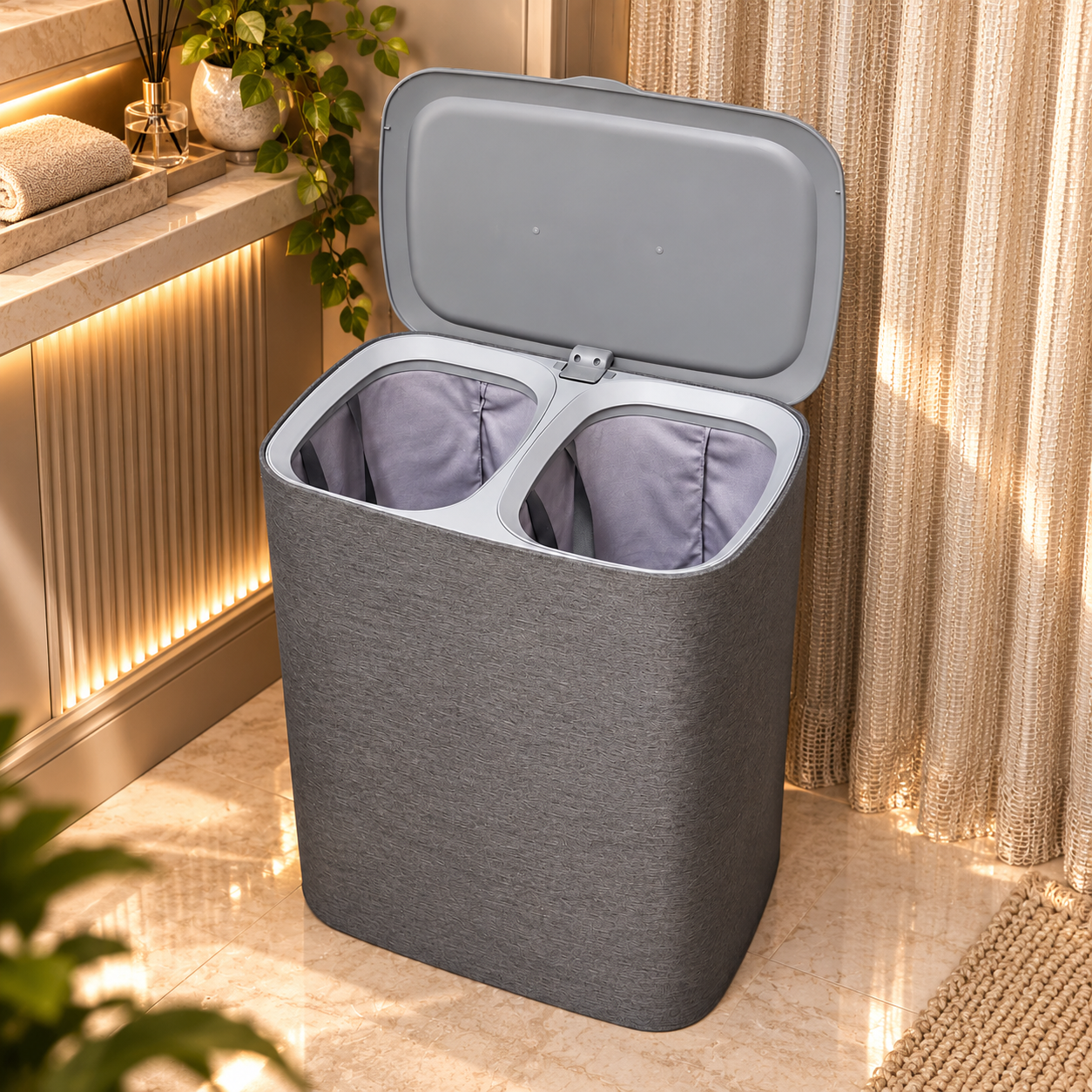 Cesto de Roupas Duplo Premium Cinza 90 Litros