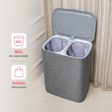 Cesto de Roupas Duplo Premium Cinza 90 Litros