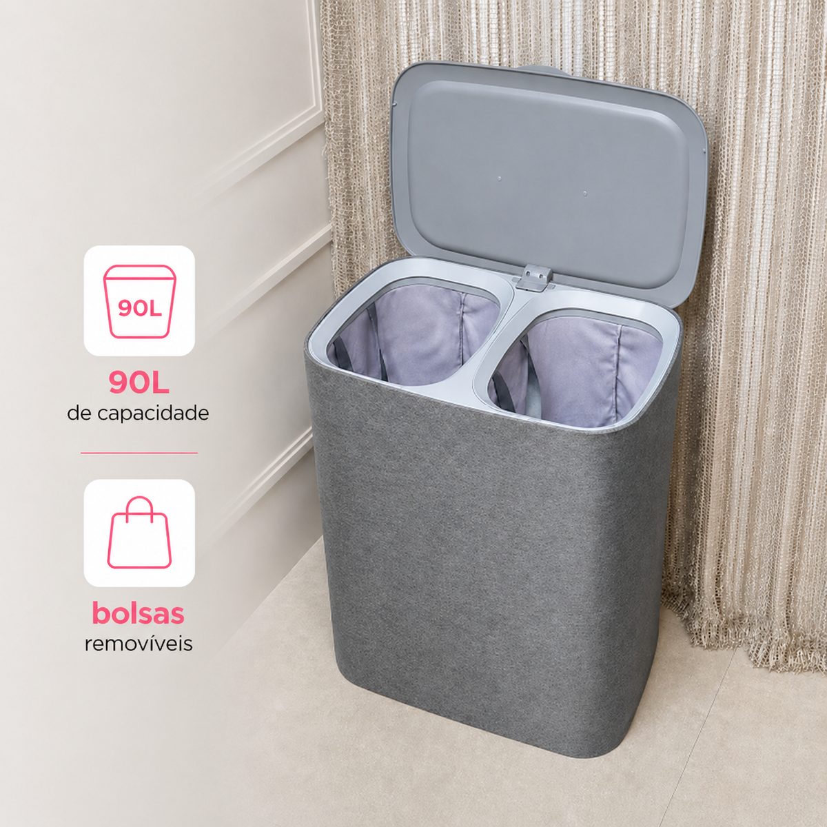 Cesto de Roupas Duplo Premium Cinza 90 Litros