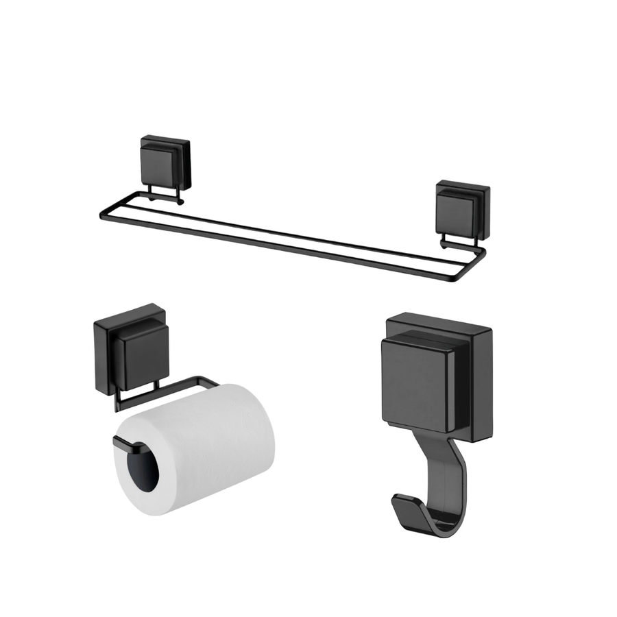 Kit completo com toalheiro, suporte papel higiênico e gancho preto fosco