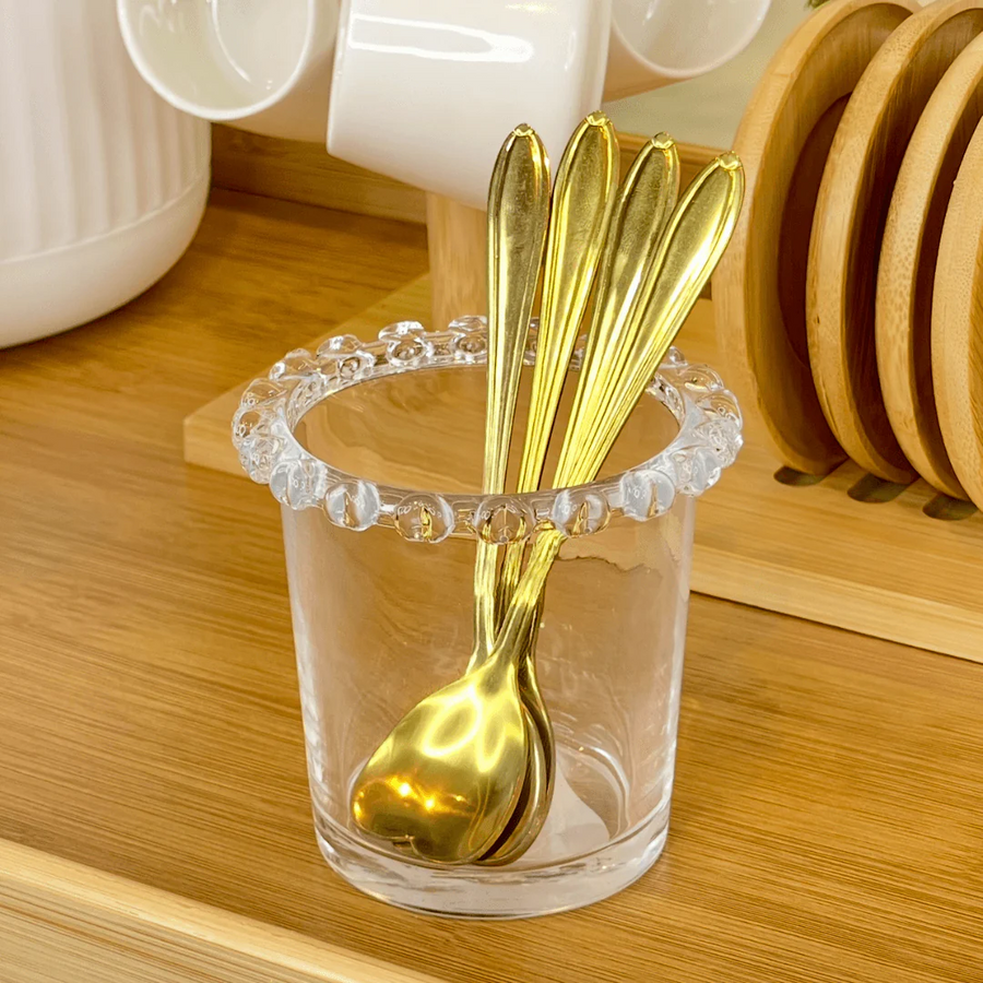Potinho organizador de cristal com bolinhas e colheres douradas