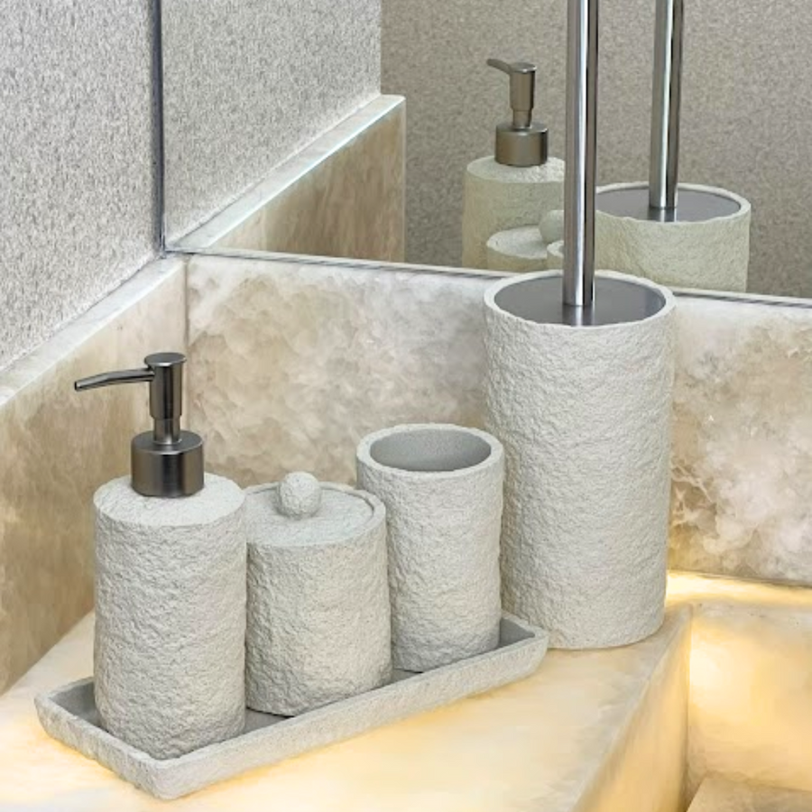 Conjunto de acessorios para banheiro polirresina texturizada branca com escova sanitaria