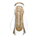 Detalhe do rosto e manto da santa com glitter dourado brilhante