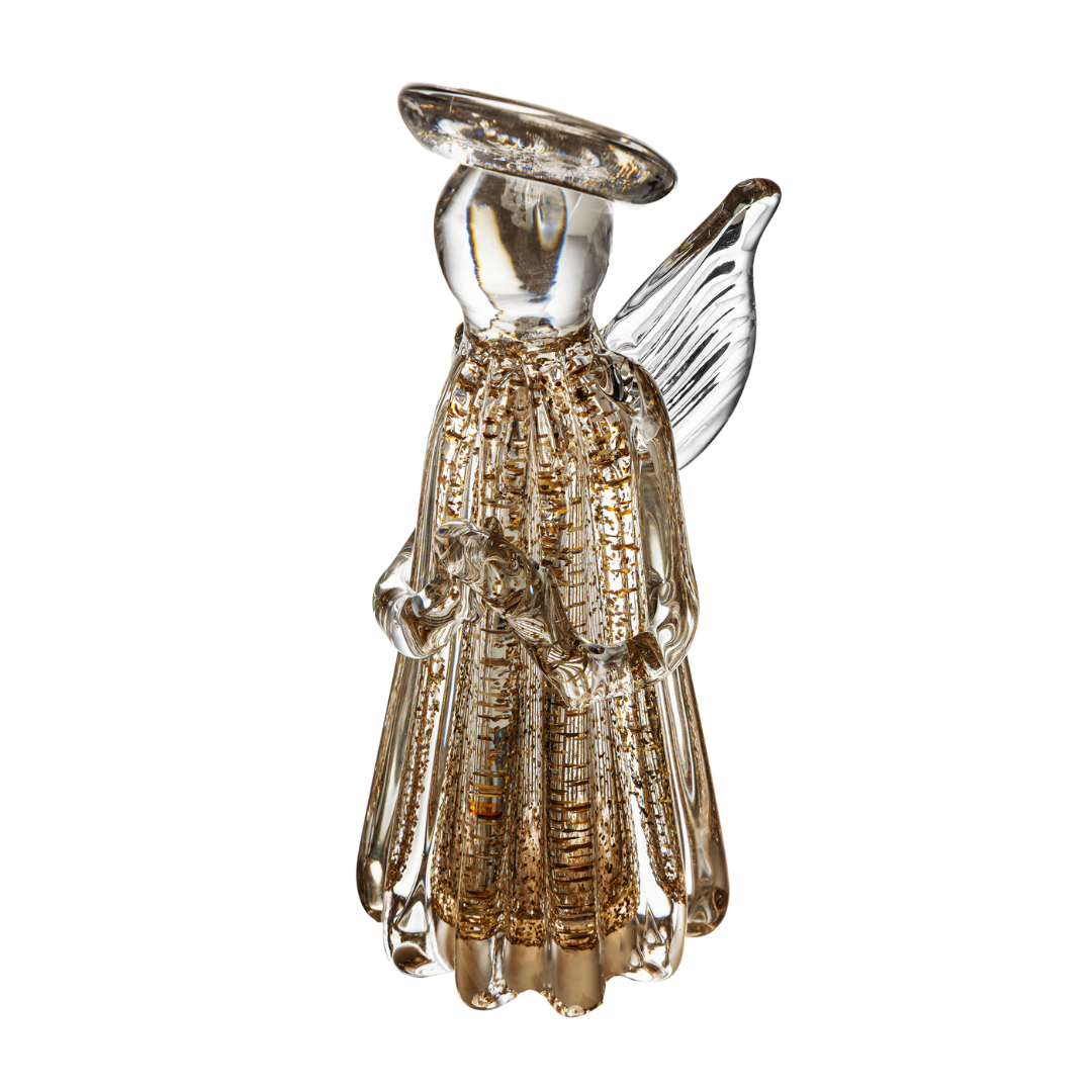 Figurinha anjo vidro com textura dourada e auréola brilhante