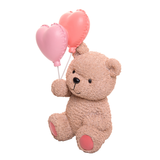 Detalhe dos balões coração rosa e coral acoplados ao urso de resina