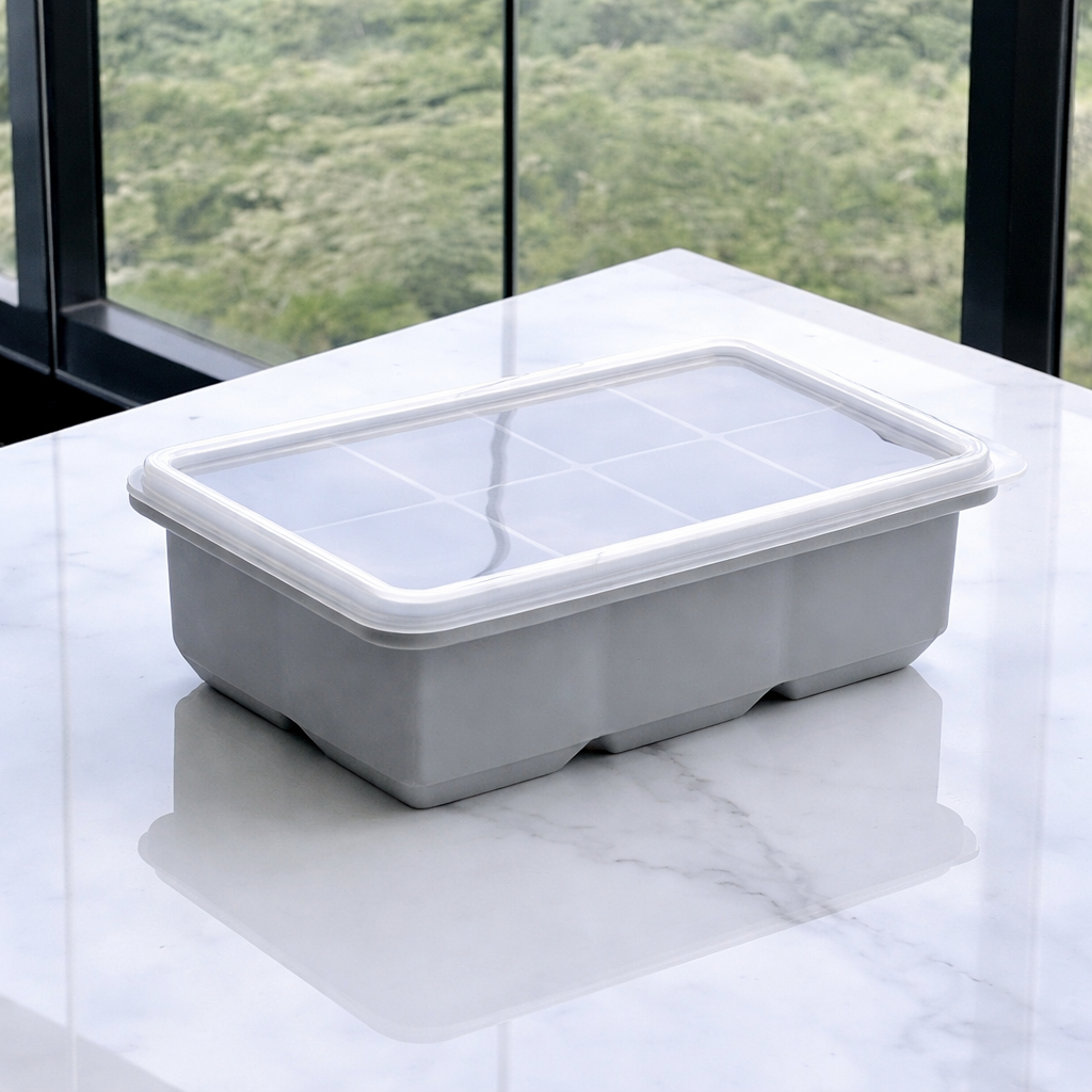 Forma de gelo cinza com 6 cubos e tampa transparente sobre bancada de mármore