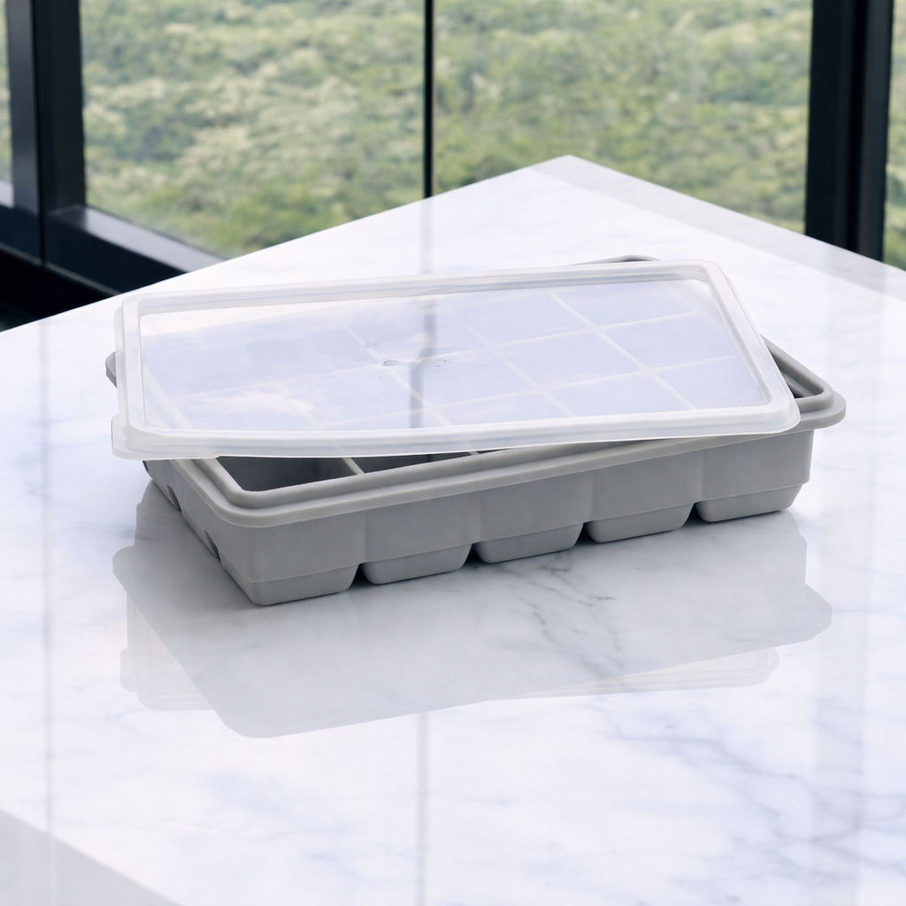 Forma para cubos de gelo em silicone cinza com tampa transparente sobre mesa de mármore