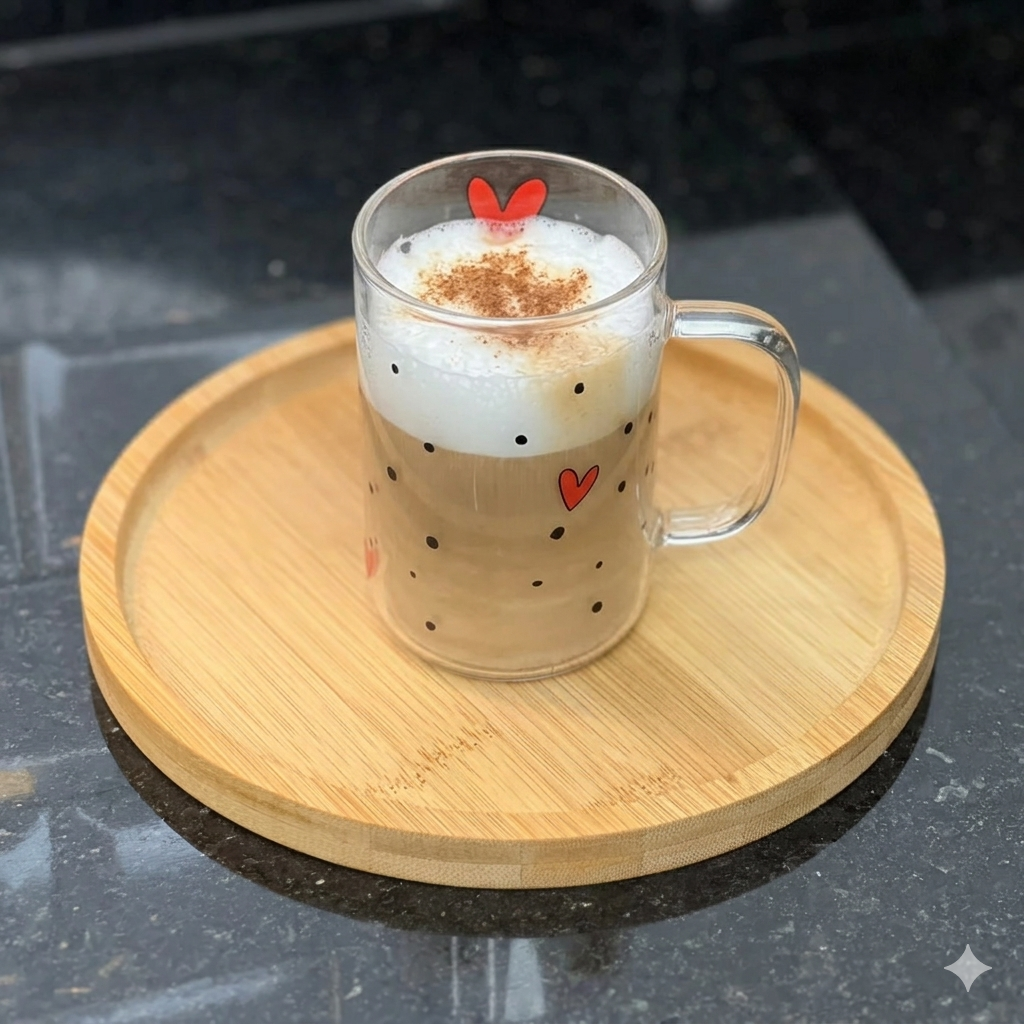 Caneca de vidro com café e coração servida em prato de madeira