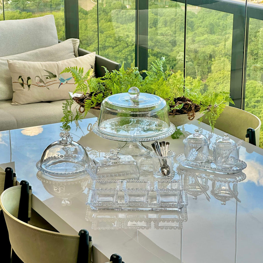 Kit mesa posta completo com cristal transparente e potes com tampa azul