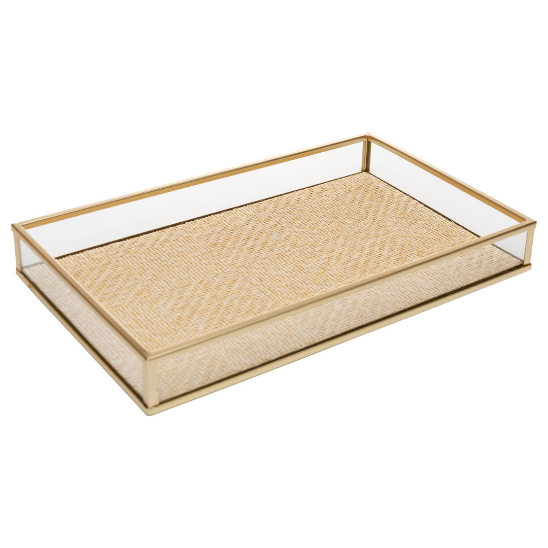 Bandeja retangular 30cm metal dourado com revestimento natural