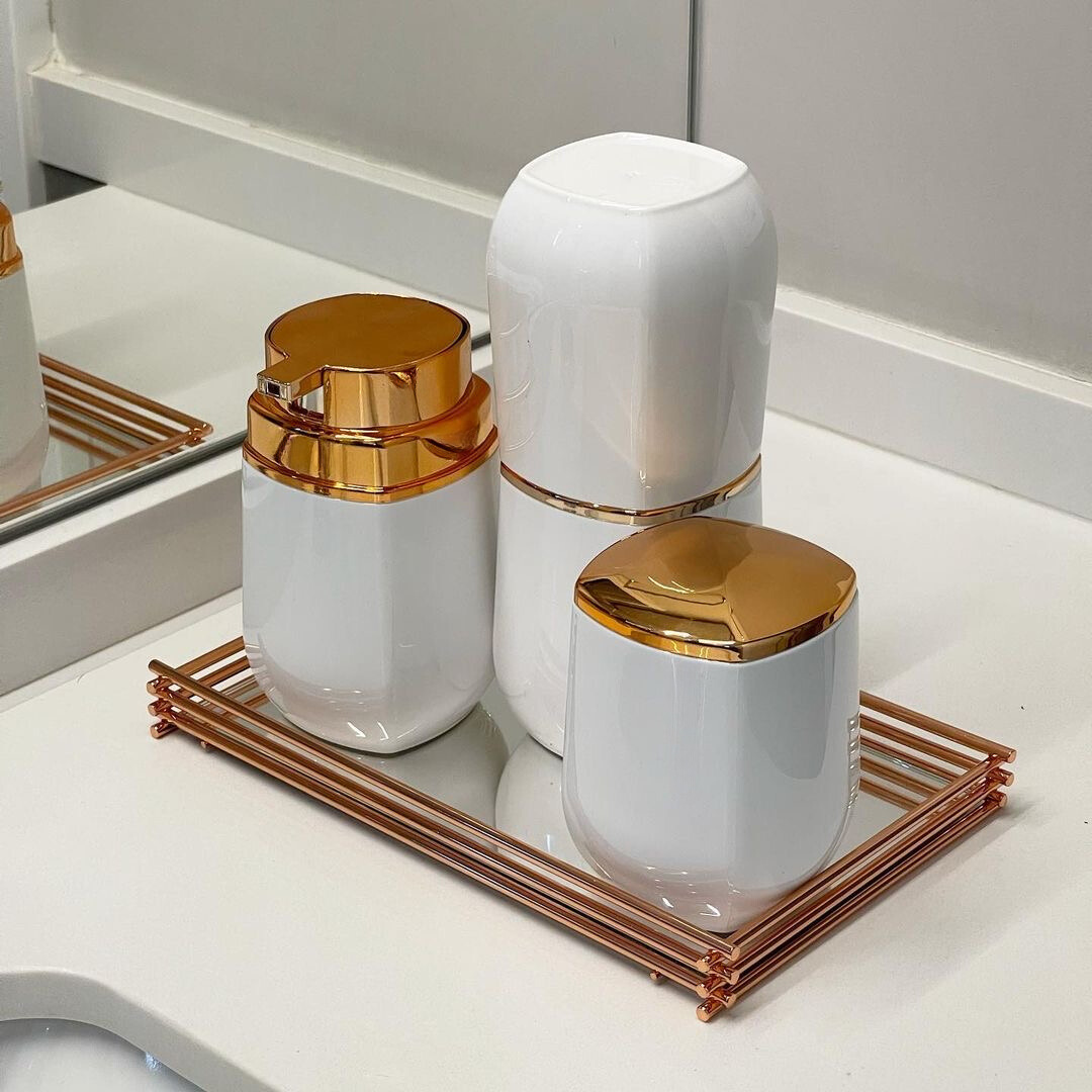 Dispenser , Porta Escova e Porta Algodão Branco e Dourado