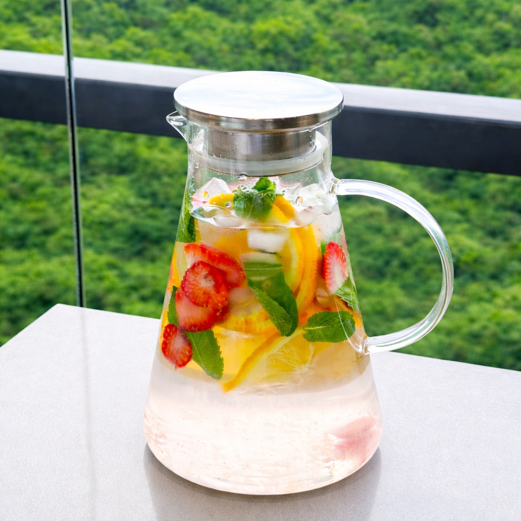 Jarra vidro borossilicato com suco de frutas vermelhas e gelo