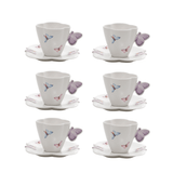Jogo 6 Xícaras de Chá Porcelana com Pires Borboletas Branco 200ml