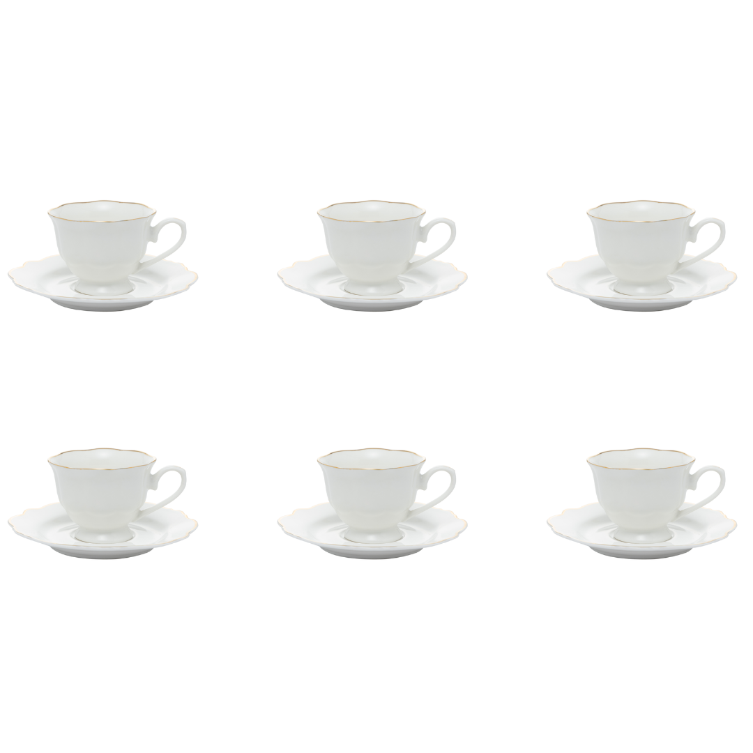 Jogo 6 Xícaras de Café com Pires Maldivas Branco com Fio de Ouro