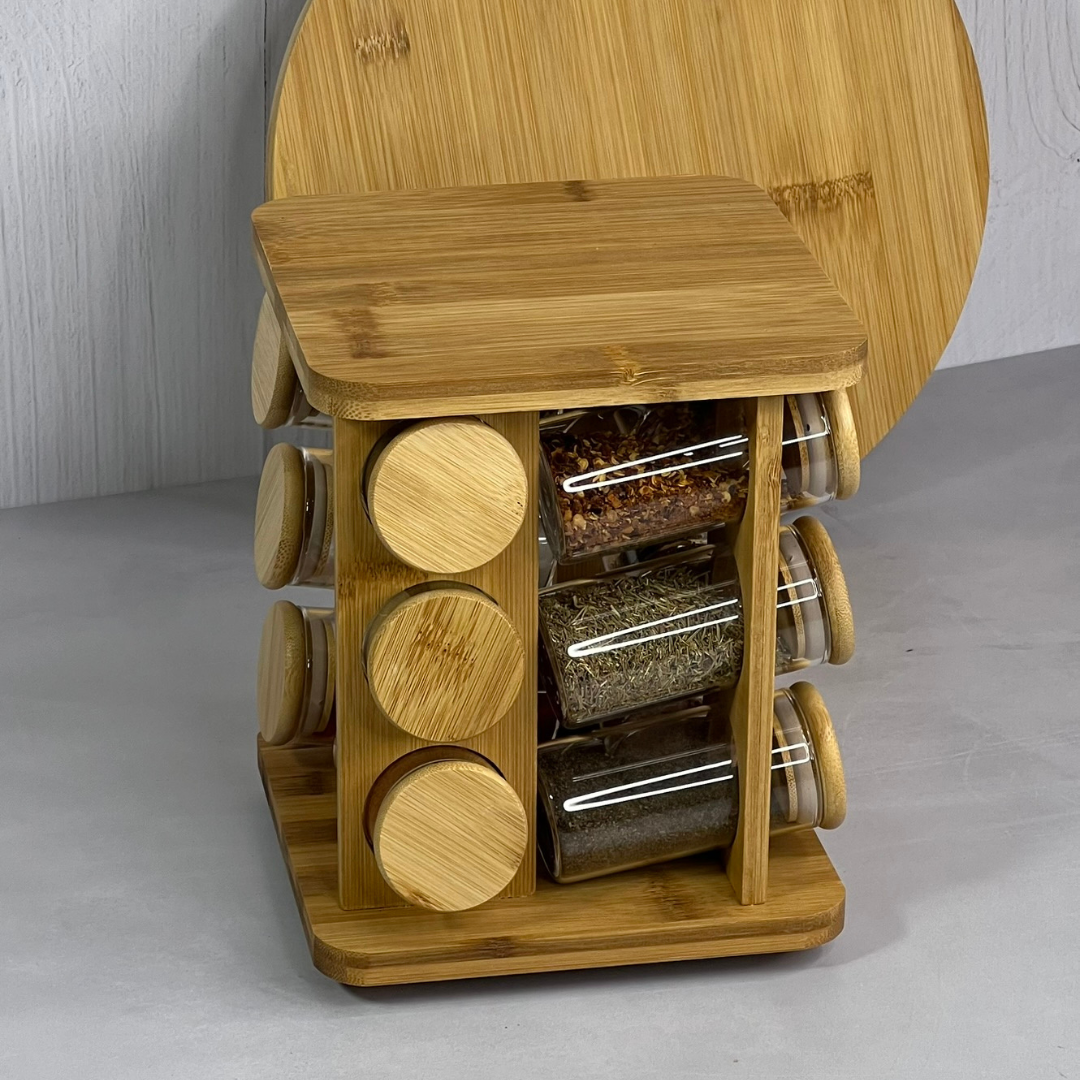 Jogo 12 Potes Herméticos de Vidro 120ml com Suporte Giratório em Bambu