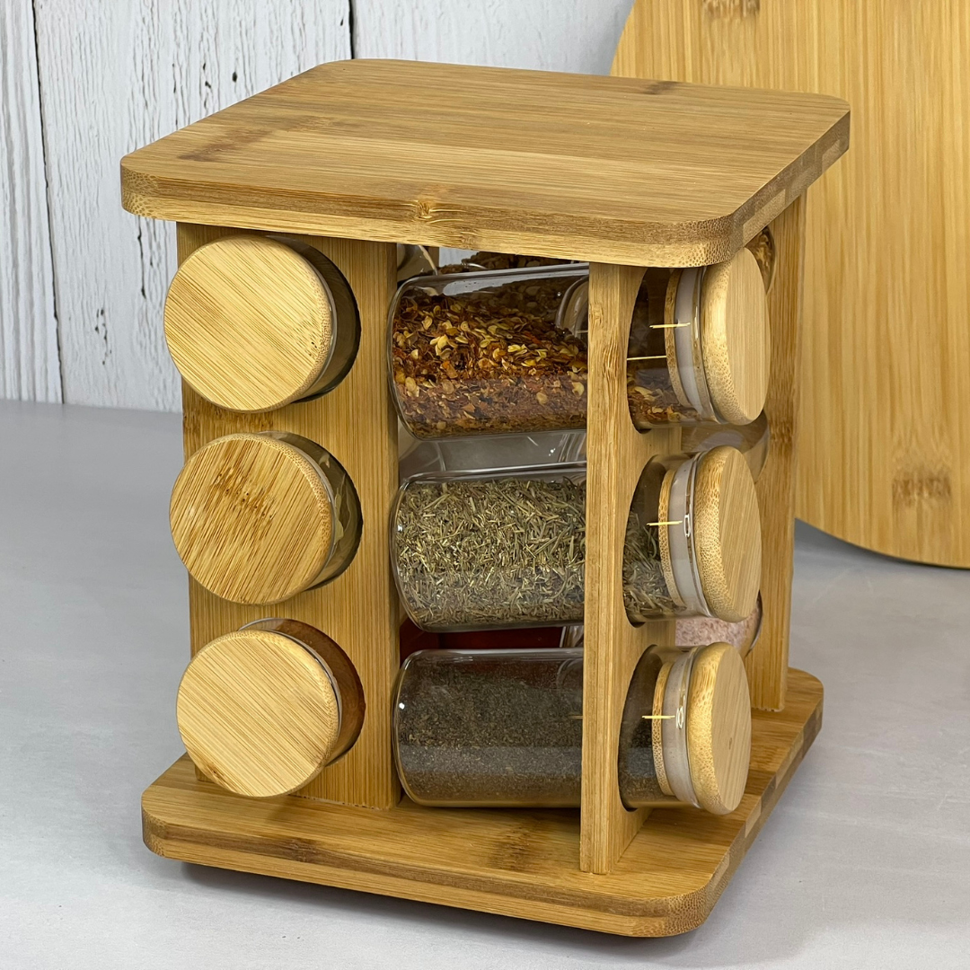 Jogo 12 Potes Herméticos de Vidro 120ml com Suporte Giratório em Bambu