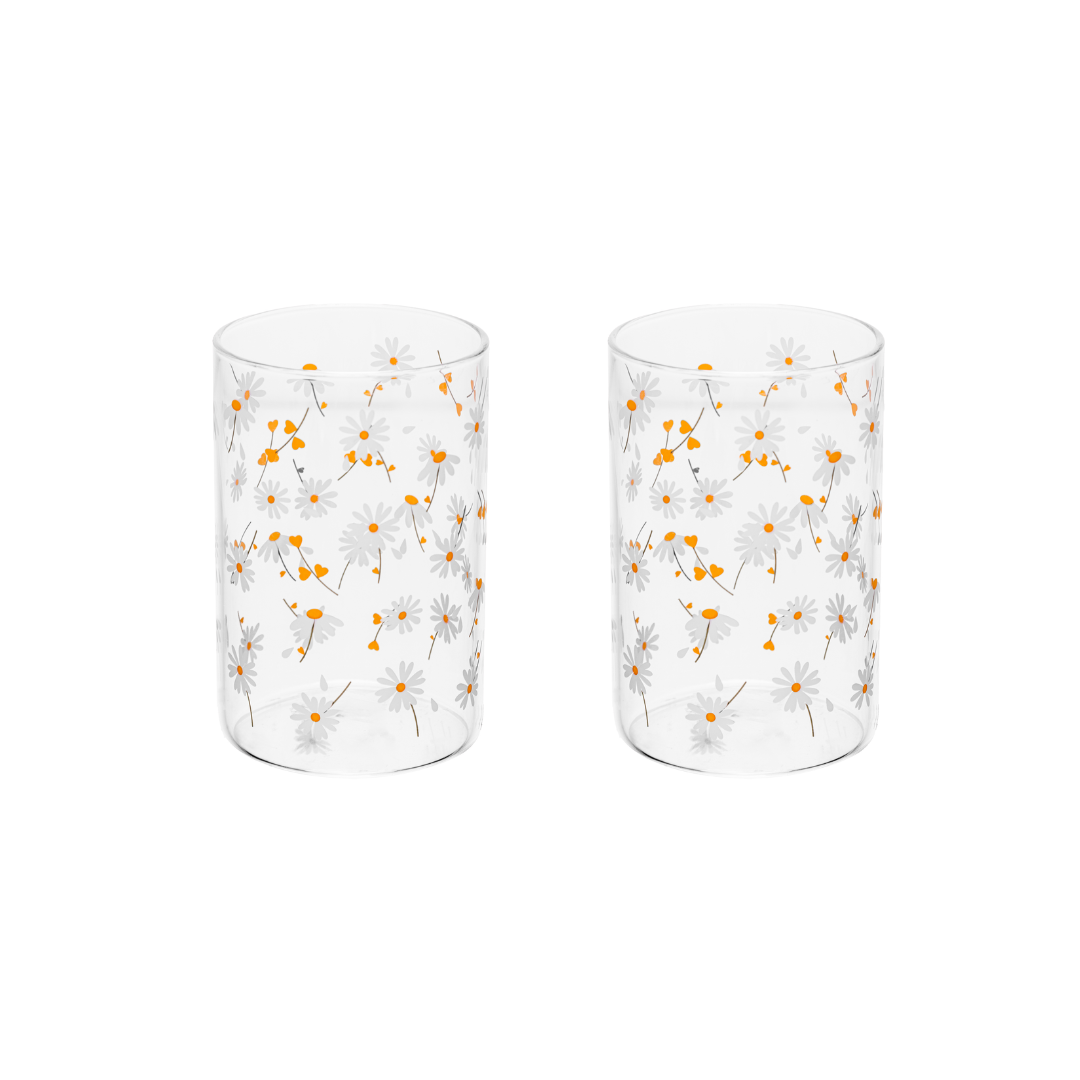 Par de copos 280ml com padrão floral branco e amarelo em fundo branco